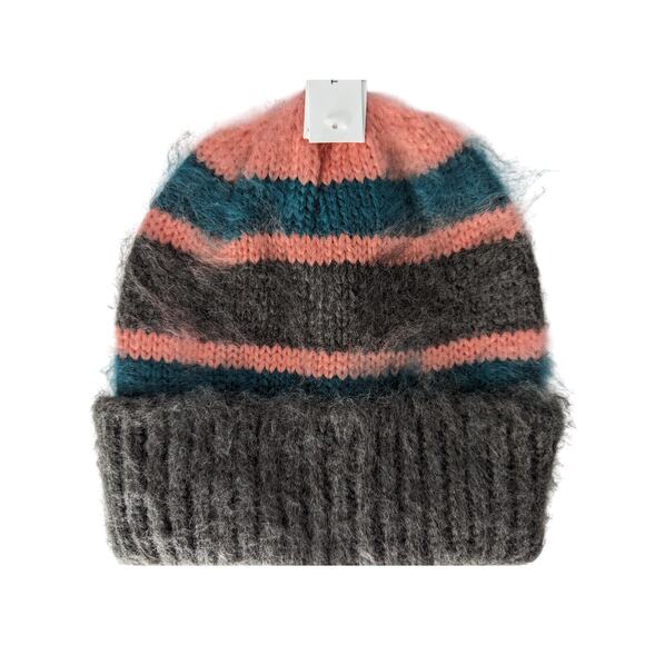 Topshop Fuzzy Knit Beanie Pink Teal Gray Striped Winter Hat - Picture 3 of 7